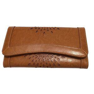 Trifold Wallet Womens Laser Cut Starburst Flower Snap Slots Zipper Coin Leather
